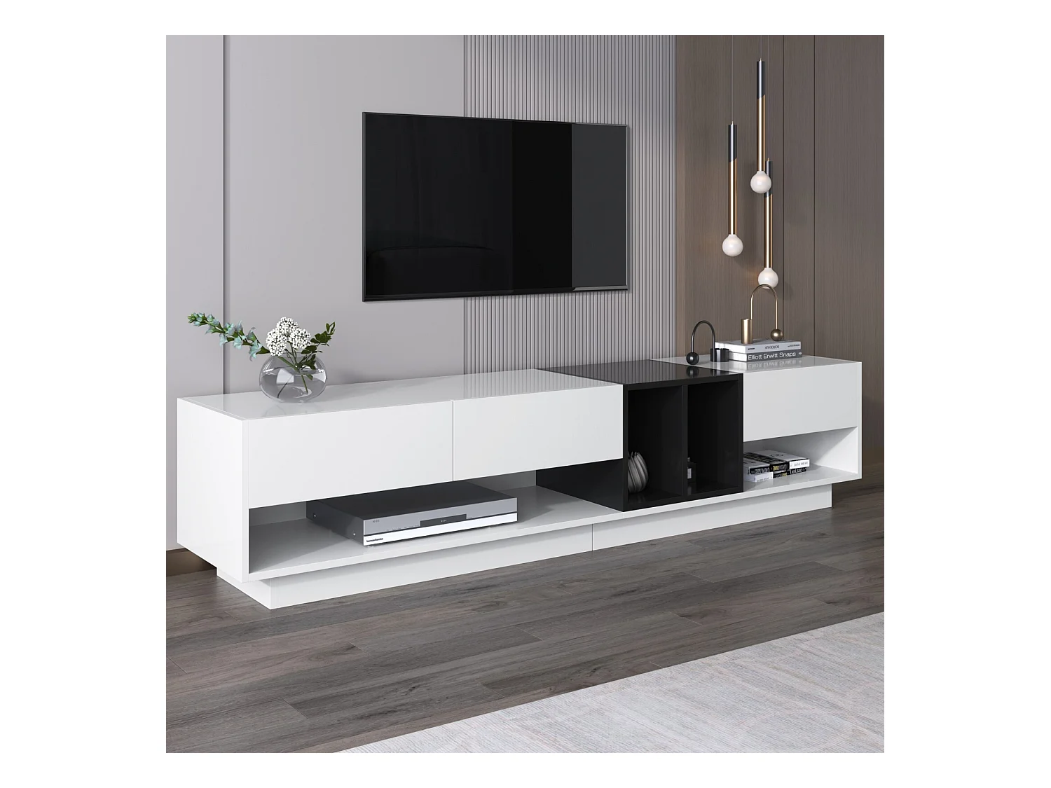 Cabinet TV con 3 cassetti e 4 nicchia - bianco e nero - Scheda di particelle - 190x34x40cm