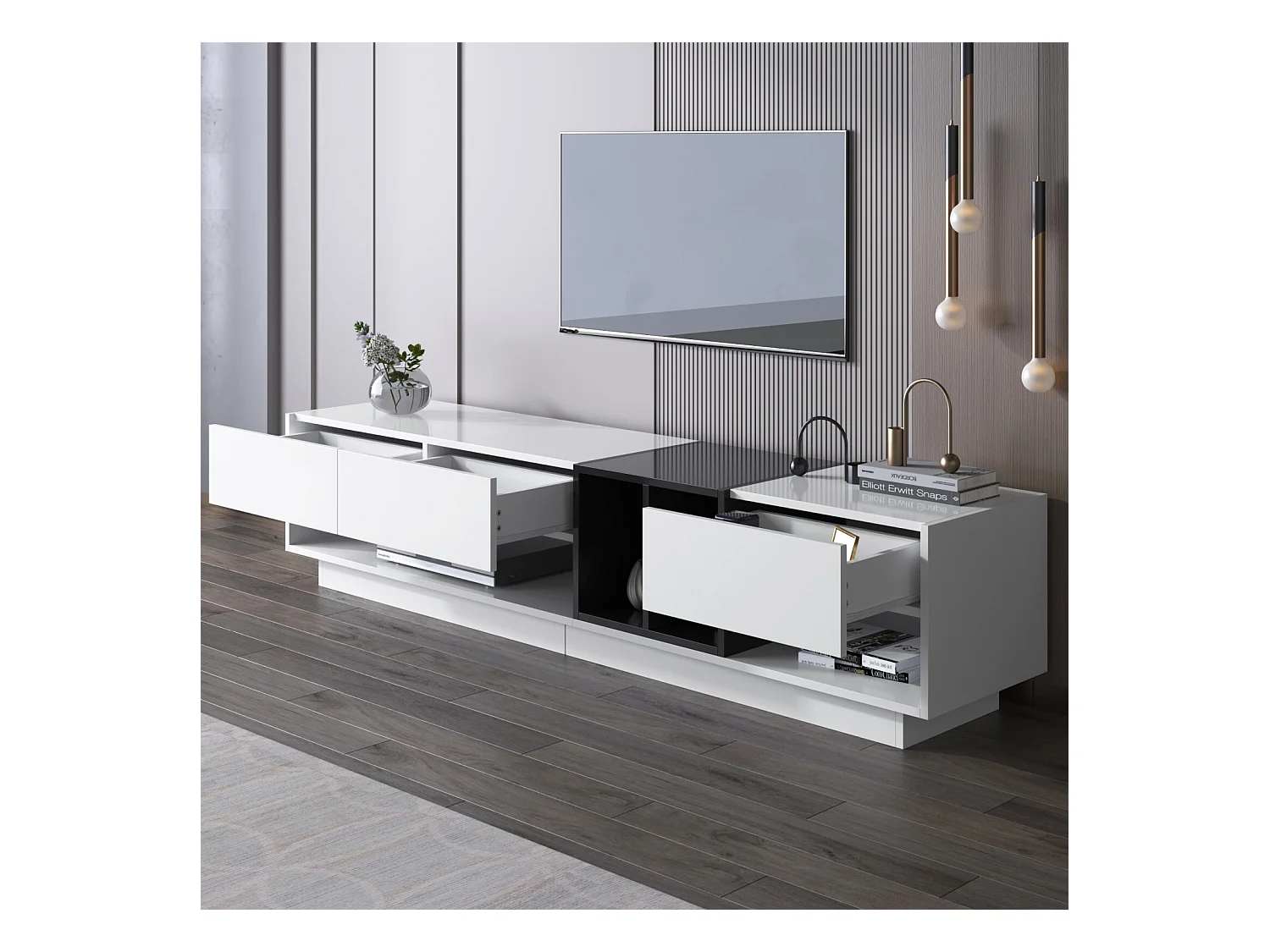 Cabinet TV con 3 cassetti e 4 nicchia - bianco e nero - Scheda di particelle - 190x34x40cm