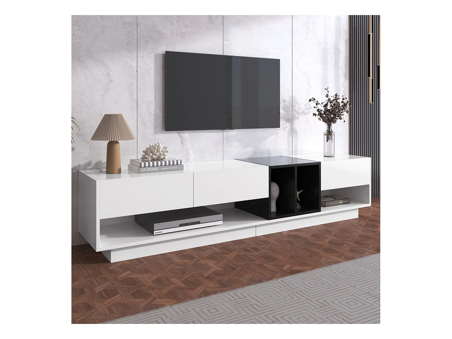 Cabinet TV con 3 cassetti e 4 nicchia - bianco e nero - Scheda di particelle - 190x34x40cm