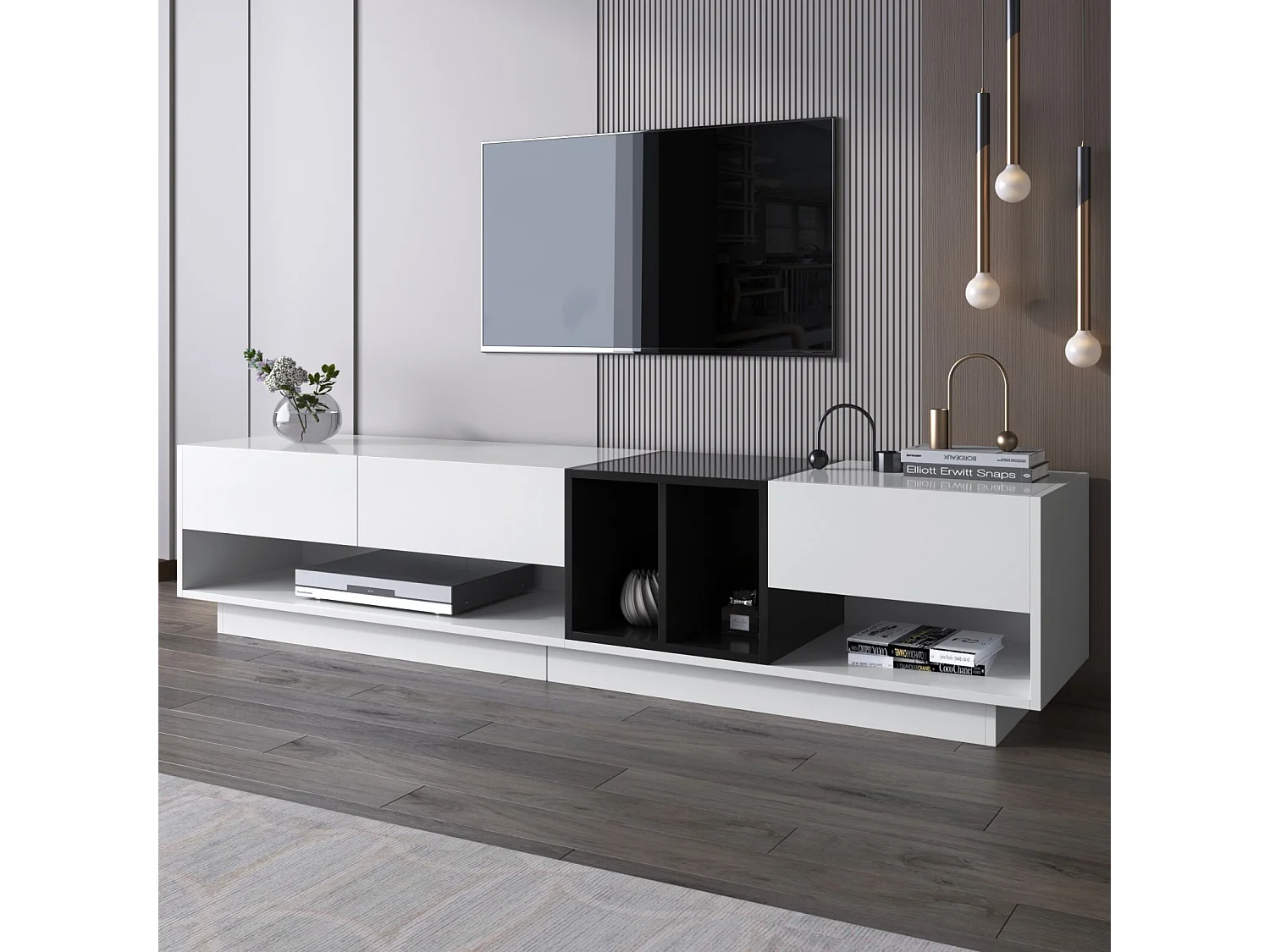 TV -kast met 3 laden en 4 niche - wit en zwart - deeltjesbord - 190x34x40cm