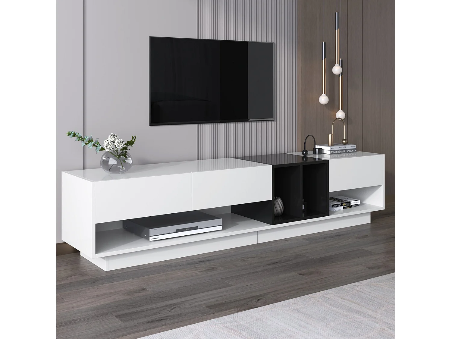 TV -kast met 3 laden en 4 niche - wit en zwart - deeltjesbord - 190x34x40cm