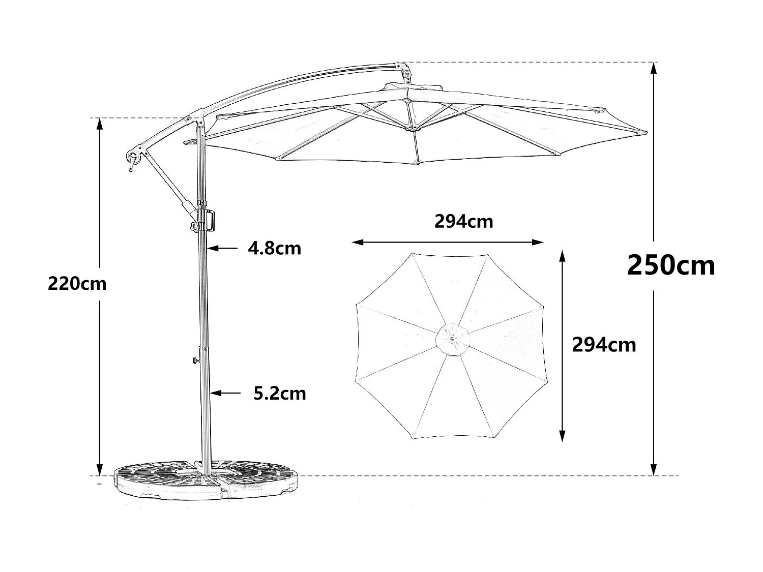 Parasol déporté - en acier et 100% tissu polyester - pour balcon jardin plage - Sans Base - 294x294x250cm - Kaki