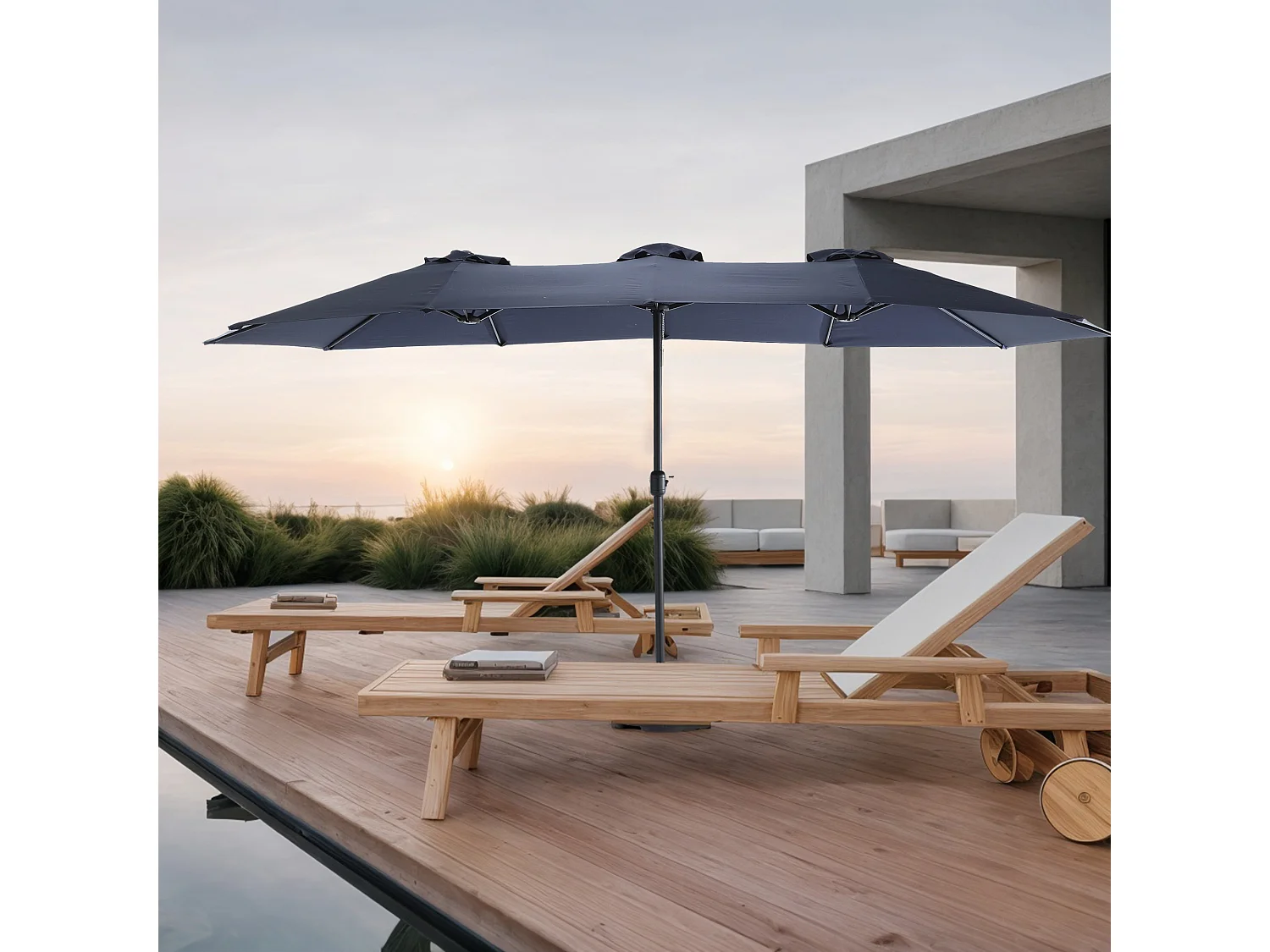 Gedeporteerd parasol - in staal en 100% polyester stof - voor balkon strandtuin - zonder basis - 453x267x255cm - nachtblauw