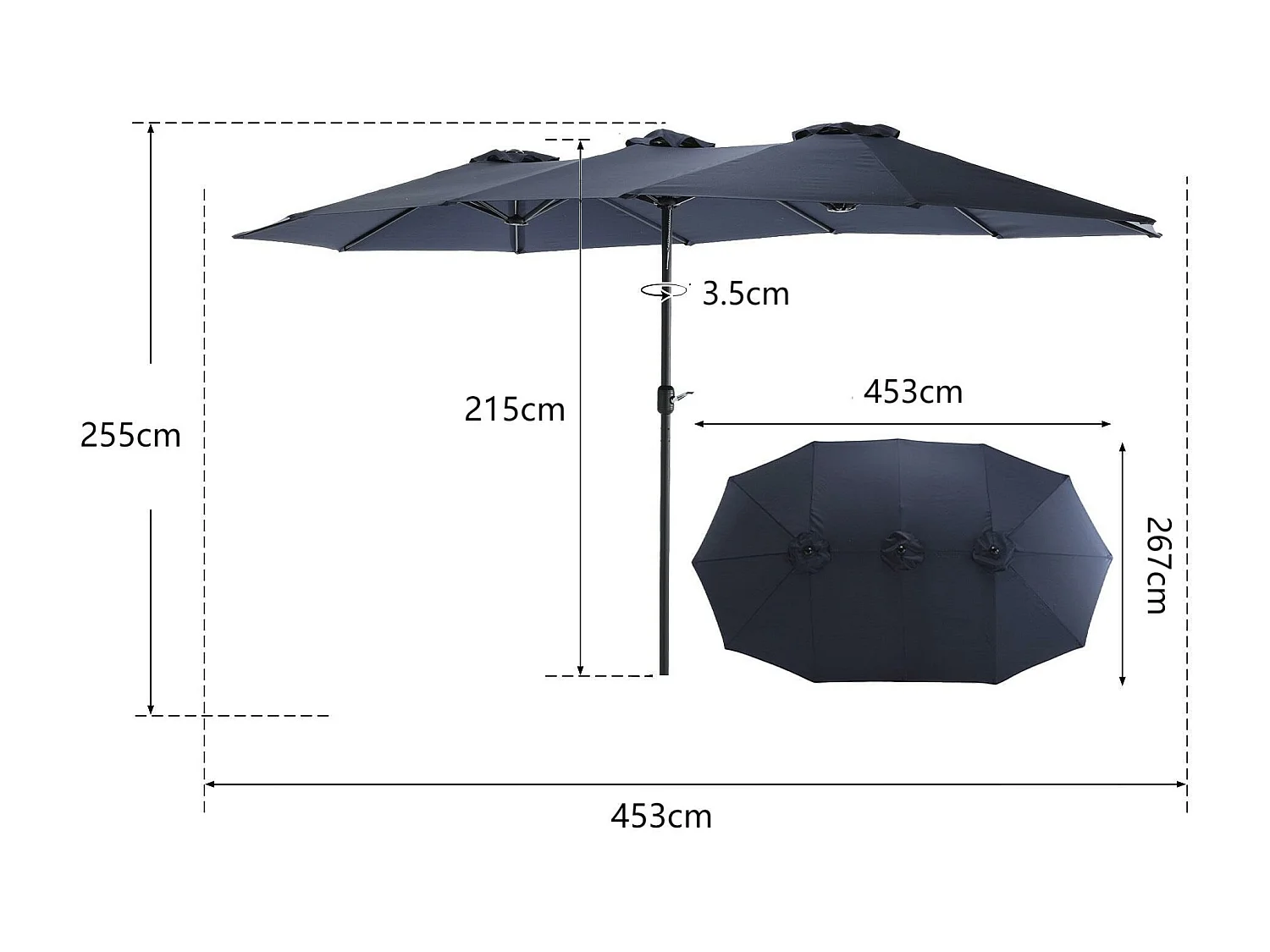 Gedeporteerd parasol - in staal en 100% polyester stof - voor balkon strandtuin - zonder basis - 453x267x255cm - nachtblauw