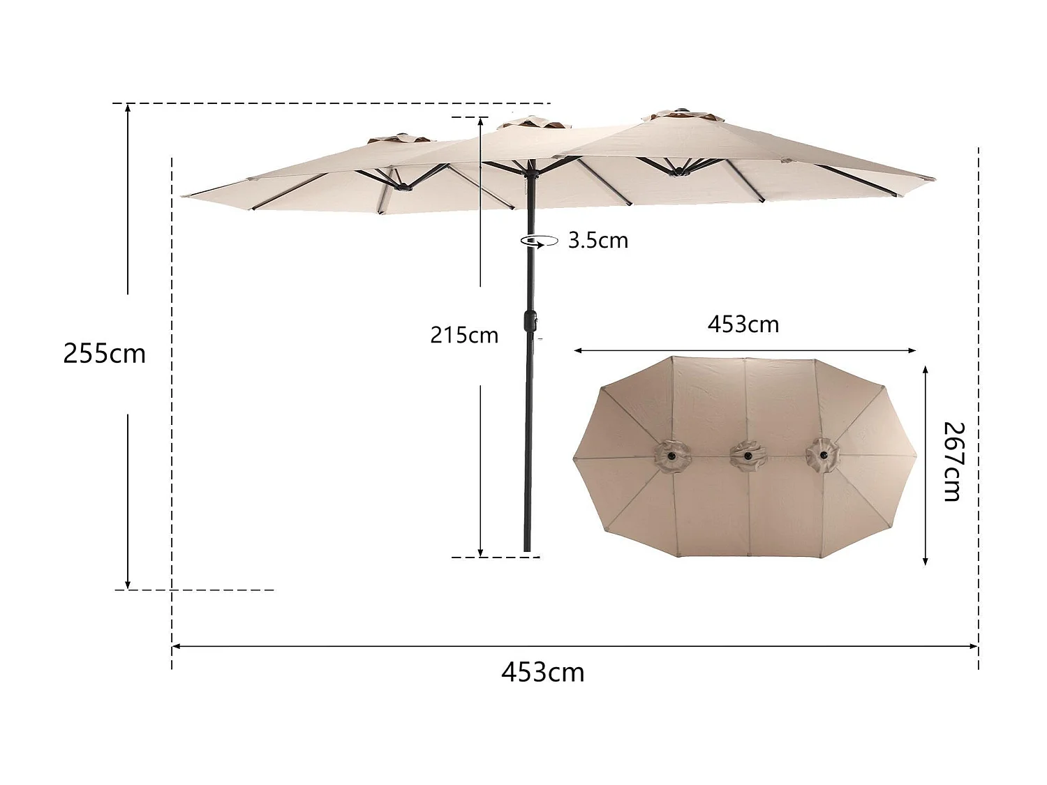 Parasol déporté - en acier et 100% tissu polyester - pour balcon jardin plage - Sans Base - 453x267x255cm - Kaki