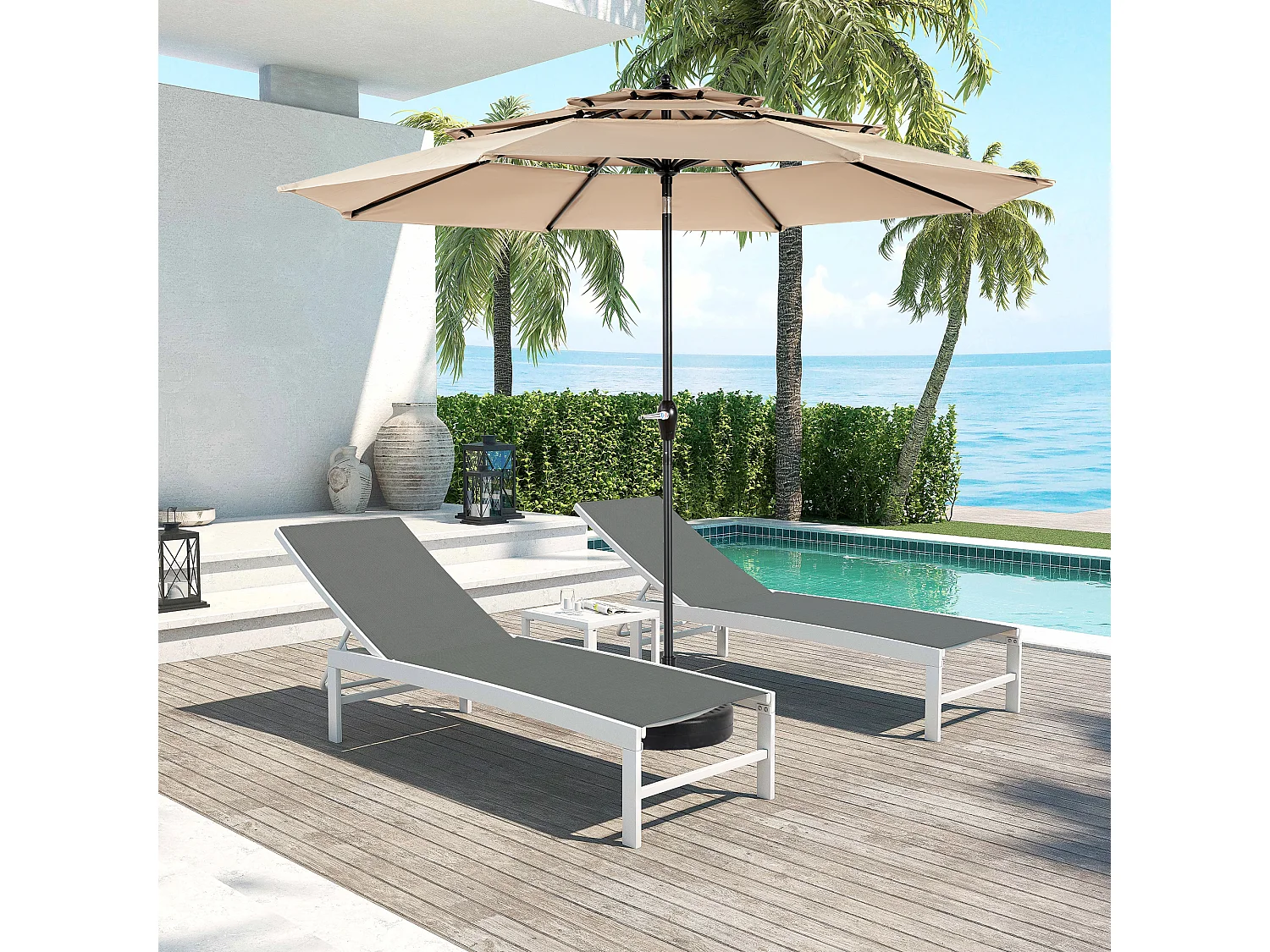 Parasolo in acciaio deportato - Tessuto di poliestere 100% - per balcone da giardino sulla spiaggia - senza base - 294x294x250cm - kaki