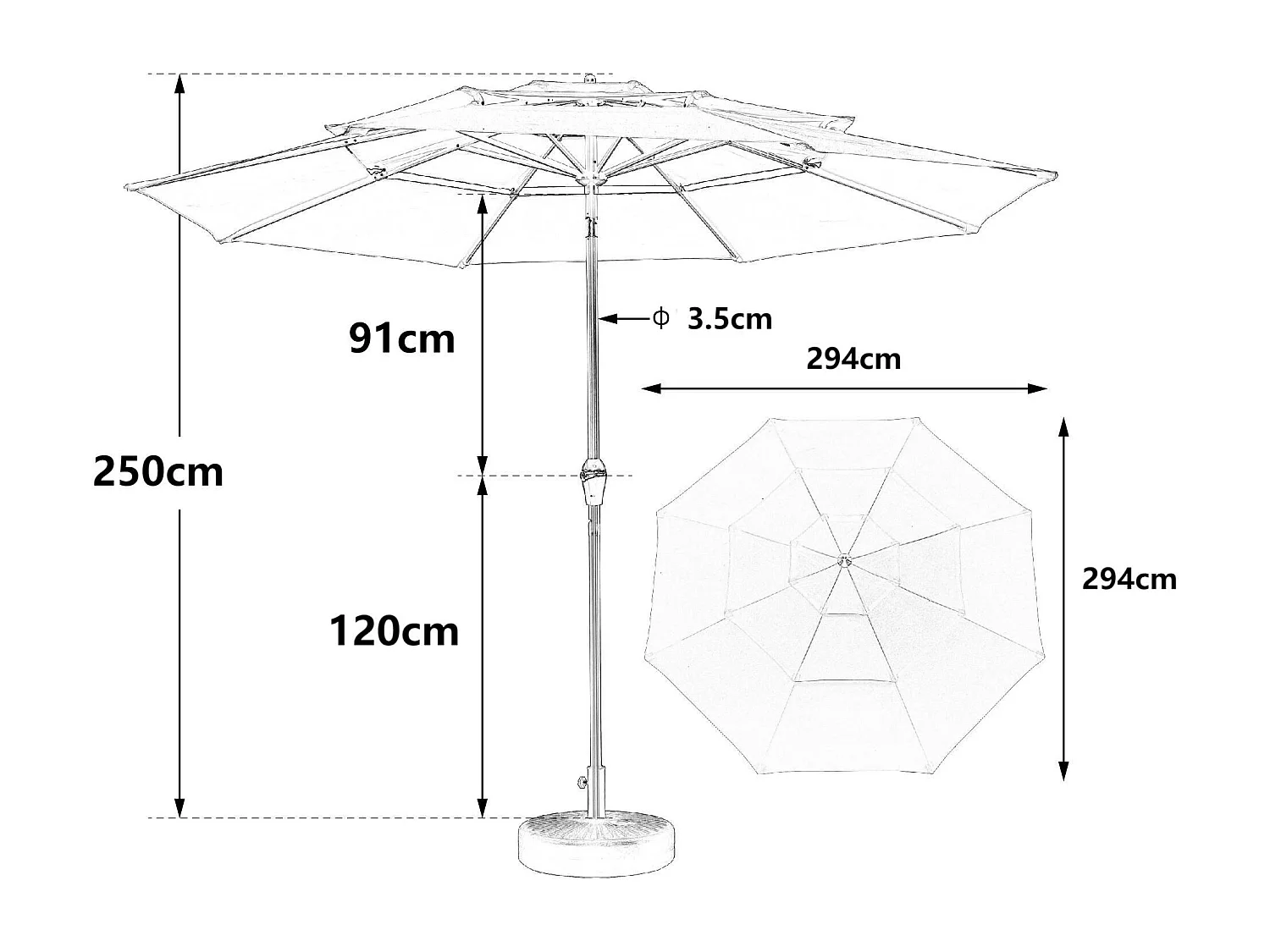 Parasolo in acciaio deportato - Tessuto di poliestere 100% - per balcone da giardino sulla spiaggia - senza base - 294x294x250cm - kaki