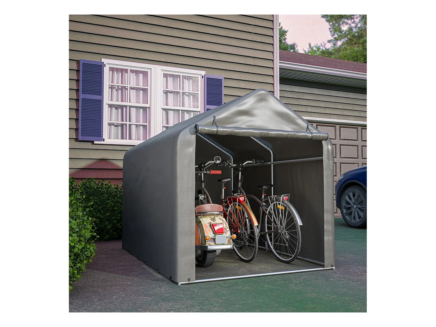 Abri de jardin - cadre métal en acier galvanisé et tissu en PE - Garage - 160x220x165cm - Gris