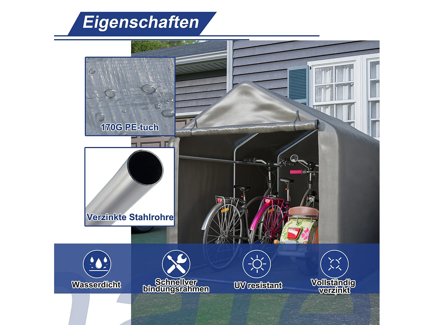 Gardenopvang - Gegalvaniseerd stalen metalen frame en PE -stof - Garage - 160x220x165cm - Grijs