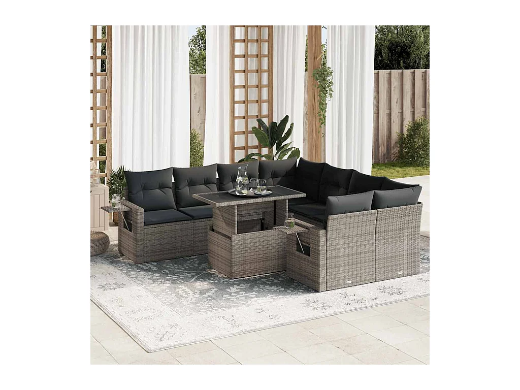 Salon de jardin 9 pcs avec coussins gris résine tressée