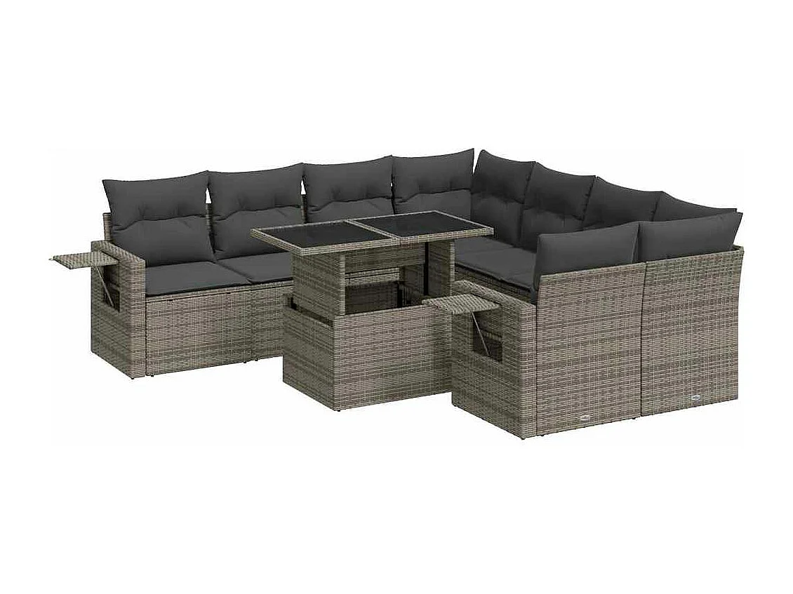 Salon de jardin 9 pcs avec coussins gris résine tressée