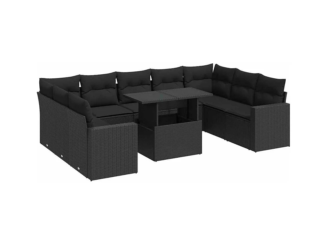 Conjunto de muebles de jardín de 10 piezas con cojines negros en resina trenzada
