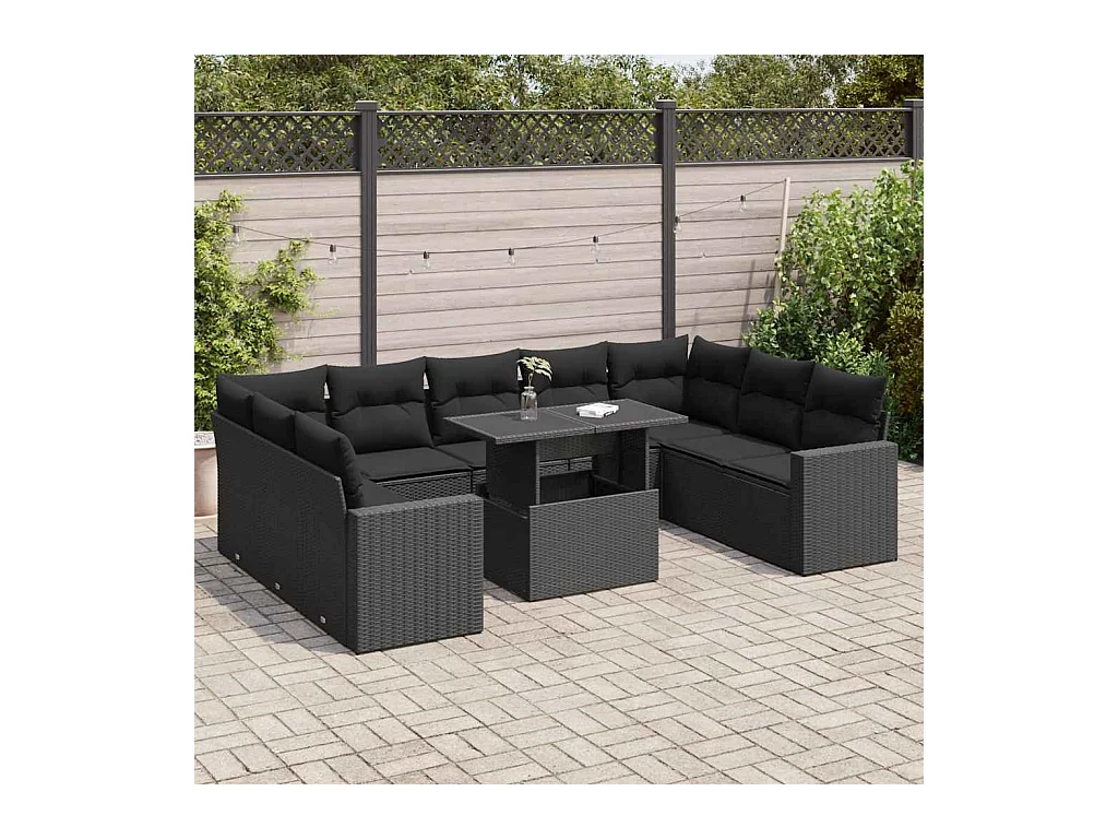 Salon de jardin 10 pcs avec coussins noir résine tressée