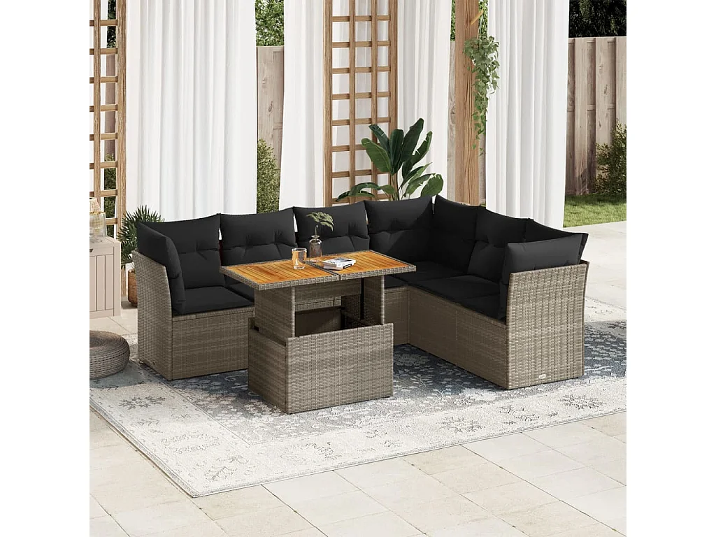 Salon de jardin avec coussins 7 pcs gris résine tressée
