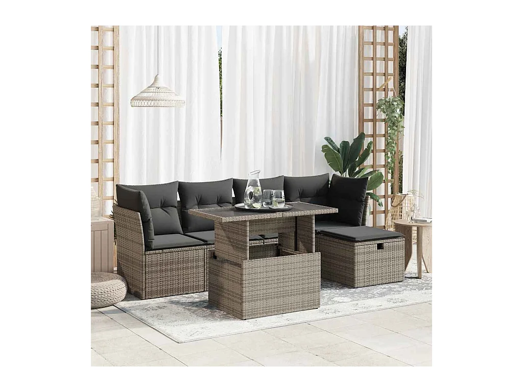 Salon de jardin 6 pcs avec coussins gris résine tressée