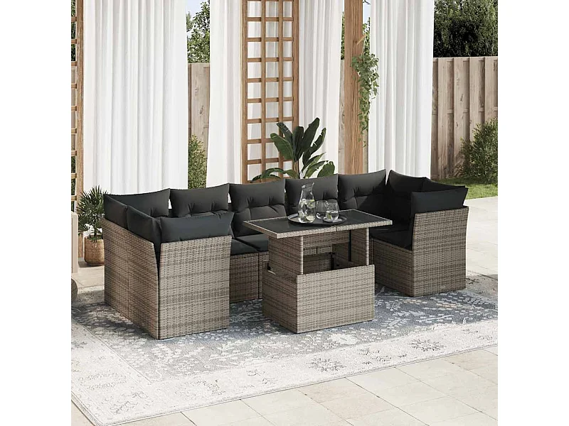 Salon de jardin 8 pcs avec coussins gris résine tressée