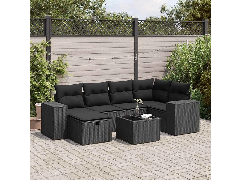 Salon de jardin 7 pcs avec coussins noir résine tressée