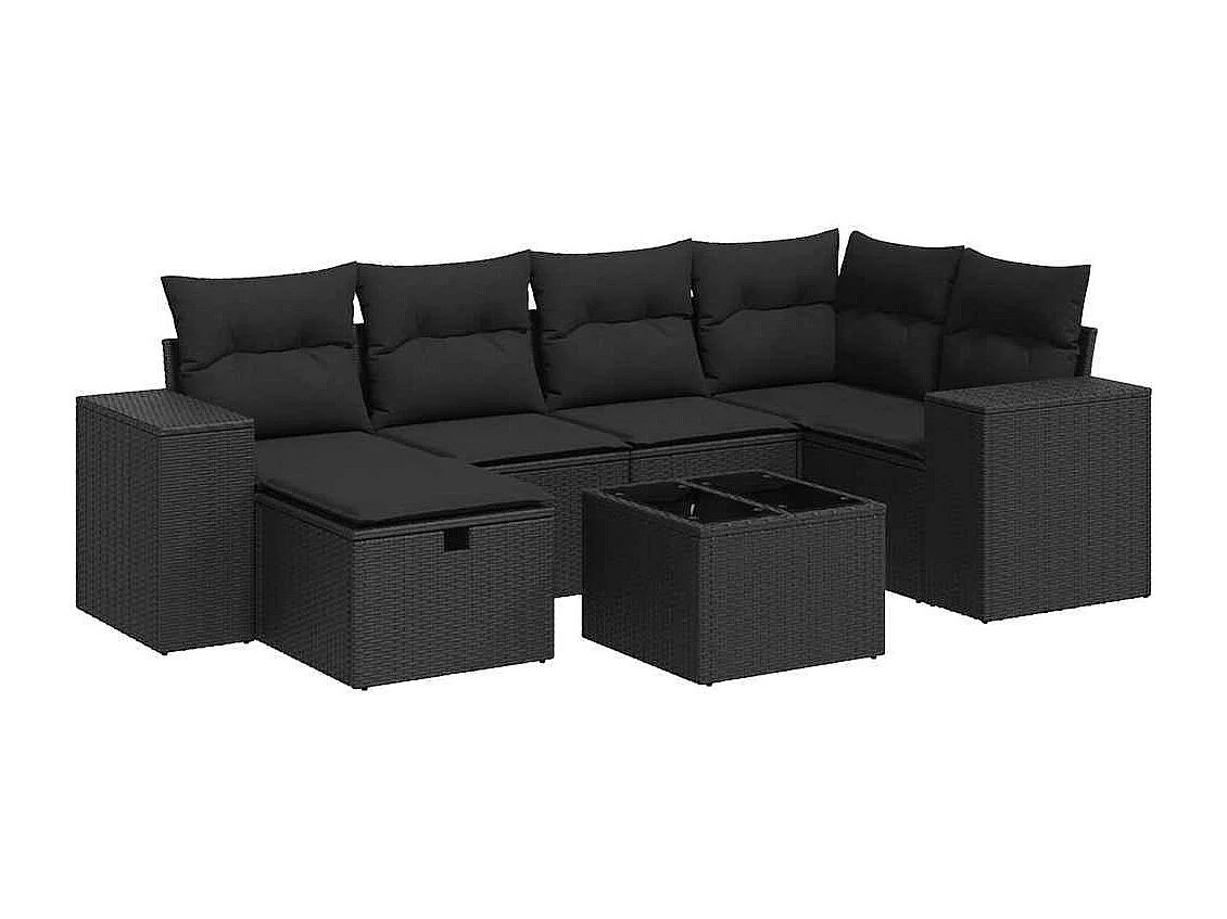 Salon de jardin 7 pcs avec coussins noir résine tressée