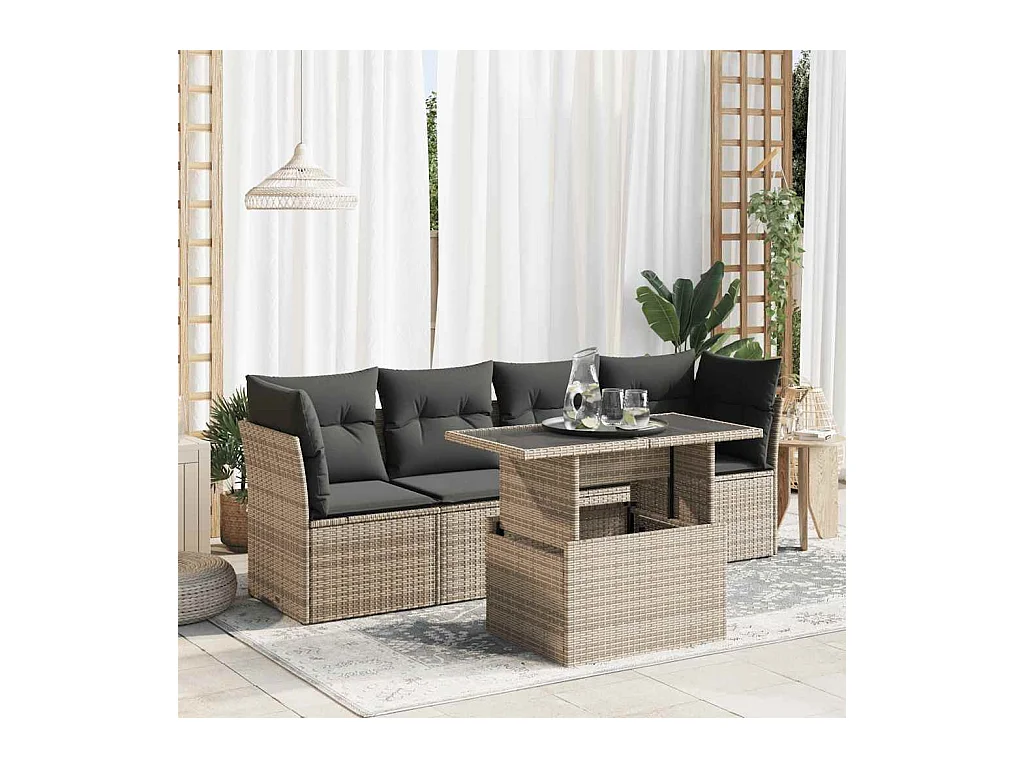 Salon de jardin 5 pcs avec coussins gris résine tressée
