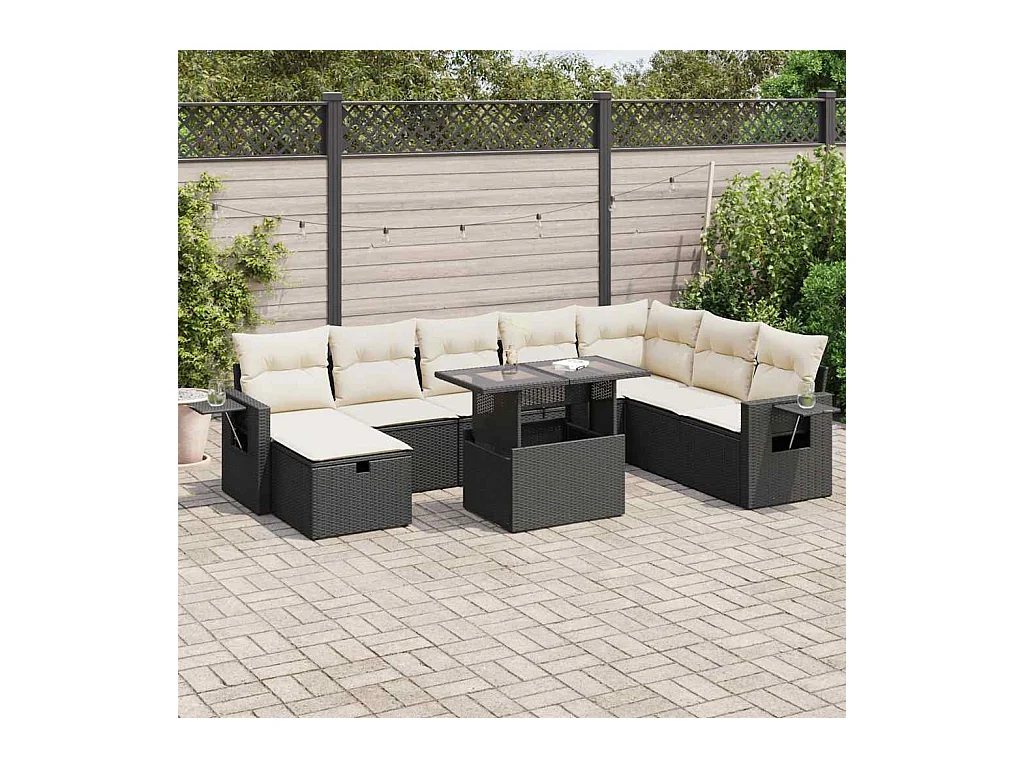 Salon de jardin 9 pcs avec coussins noir résine tressée