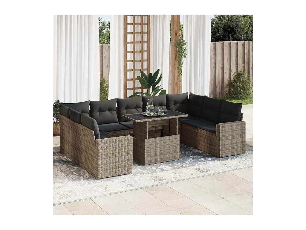 Set mobili da giardino con cuscini 10 pz in resina intrecciata grigia