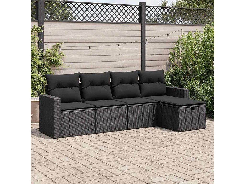 Salon de jardin 5 pcs avec coussins noir résine tressée