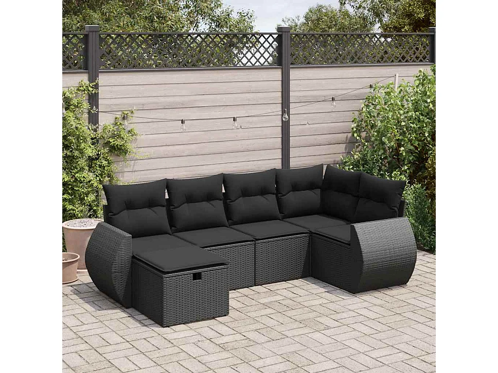 Salon de jardin 6 pcs avec coussins noir résine tressée
