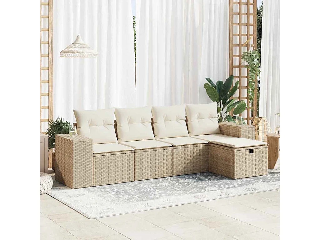 Gartenmöbel-Set mit Kissen 5-tlg. beige gewebtes Harz