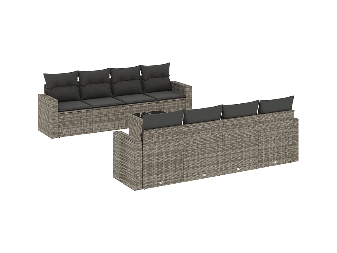 Salon de jardin 9 pcs avec coussins gris résine tressée