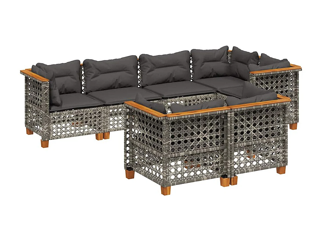 Salon de jardin avec coussins 7 pcs gris résine tressée