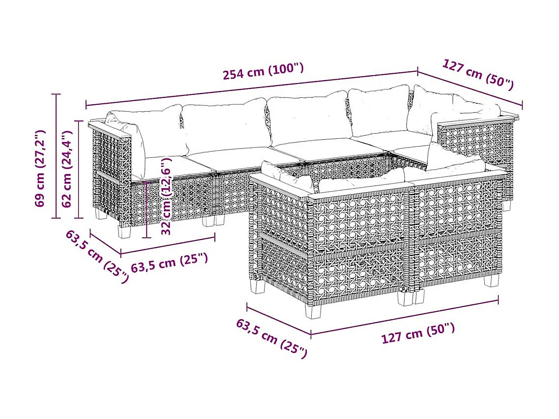 Conjunto de muebles de jardín con cojines 7 piezas resina tejida gris