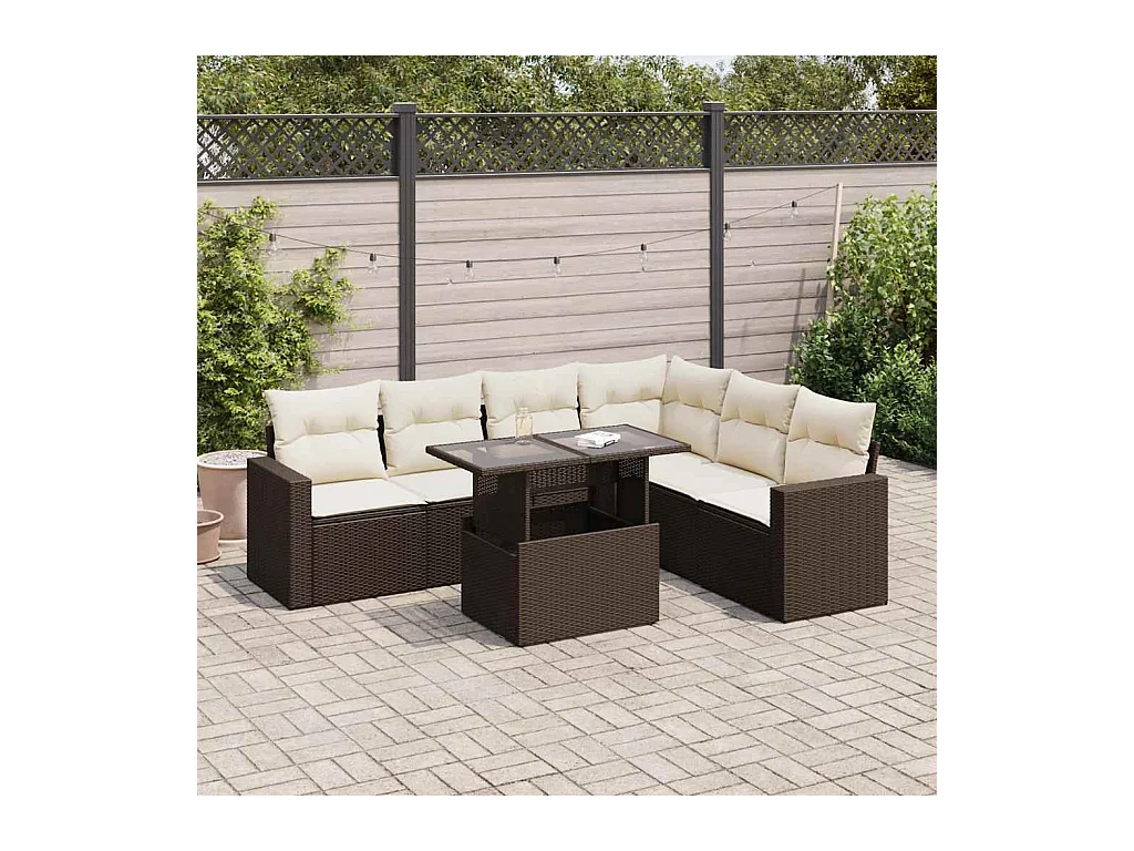 Conjunto de móveis de jardim com almofadas 7 peças resina de vime marrom