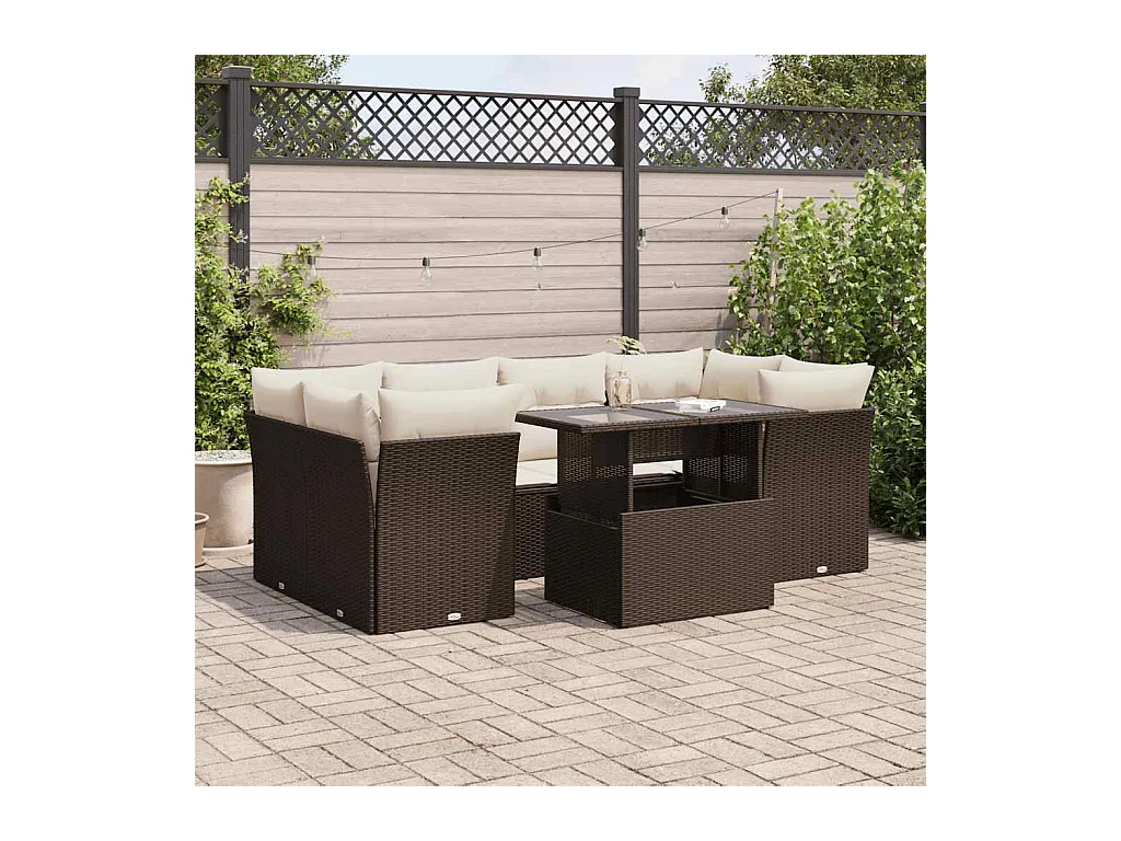 Salon de jardin avec coussins 7 pcs marron résine tressée