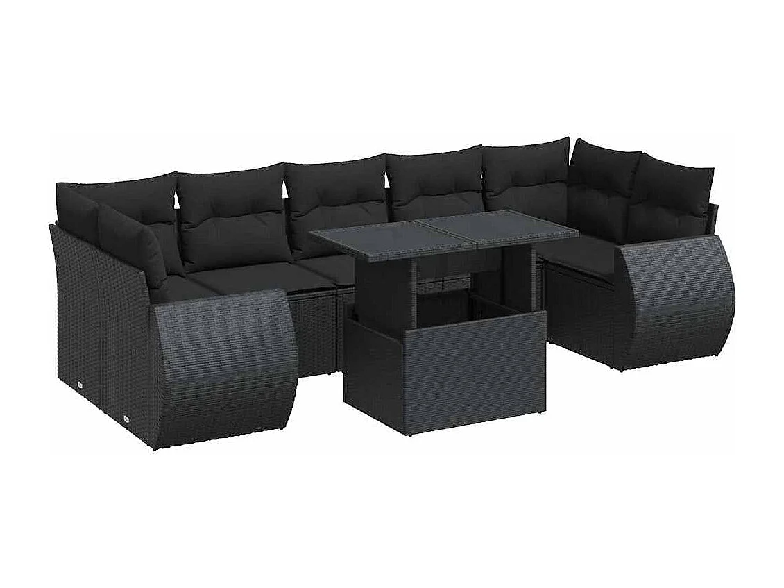 Salon de jardin 8 pcs avec coussins noir résine tressée