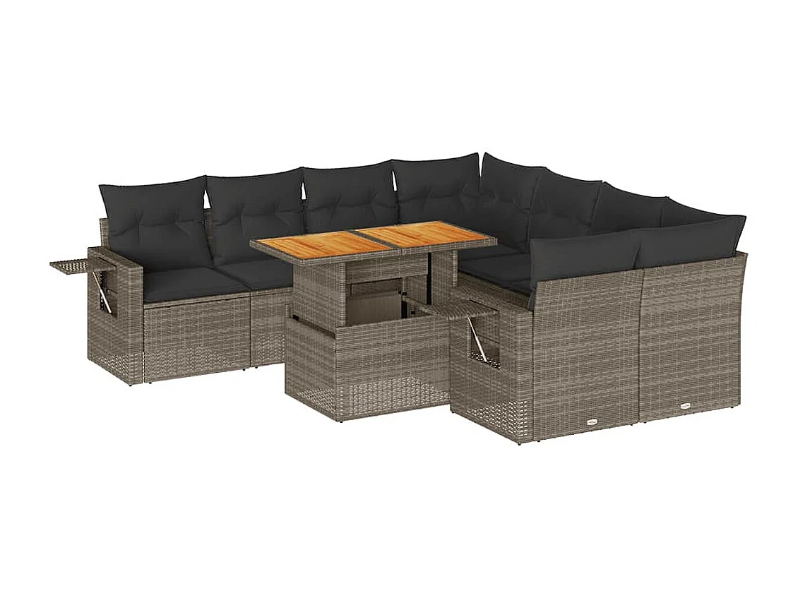 Salon de jardin 9 pcs avec coussins gris résine tressée