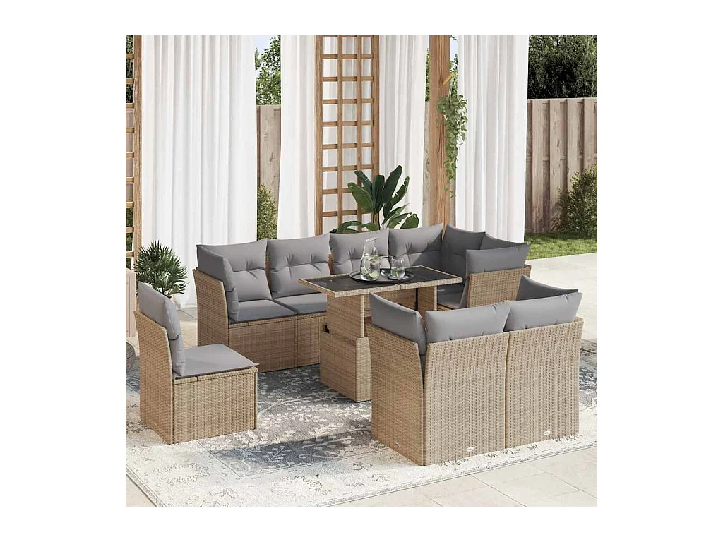 Salon de jardin avec coussins 9 pcs beige résine tressée