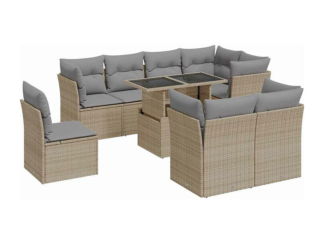 Conjunto de muebles de jardín con cojines 9 piezas resina tejida beige