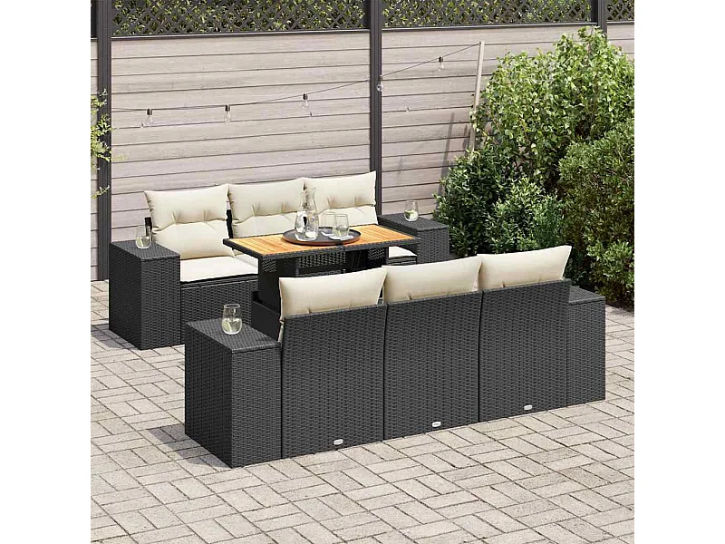 Salon de jardin 7 pcs avec coussins noir résine tressée