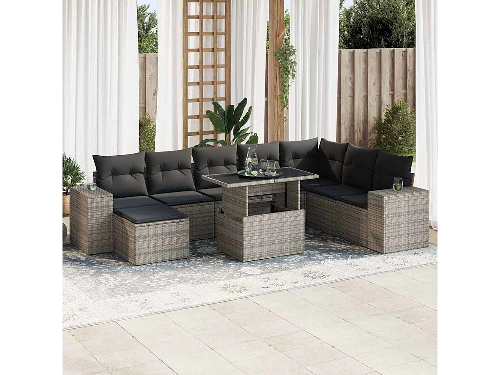 Salon de jardin 9 pcs avec coussins gris résine tressée