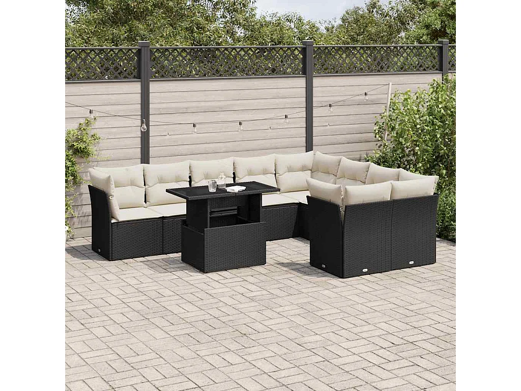 Salon de jardin 10 pcs avec coussins noir résine tressée
