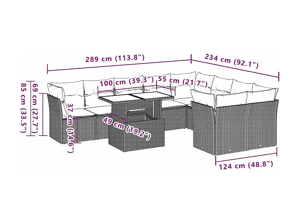Salon de jardin 10 pcs avec coussins noir résine tressée