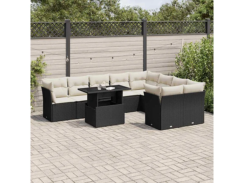Salon de jardin 10 pcs avec coussins noir résine tressée