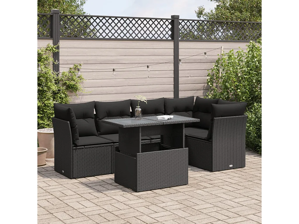 6-teiliges Gartenmöbelset mit schwarzen Kissen aus gewebtem Harz