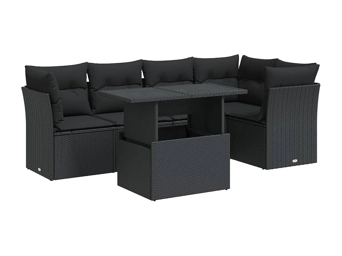 6-teiliges Gartenmöbelset mit schwarzen Kissen aus gewebtem Harz