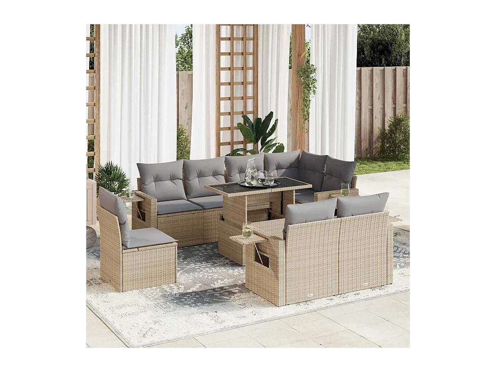 Salon de jardin avec coussins 9 pcs beige résine tressée