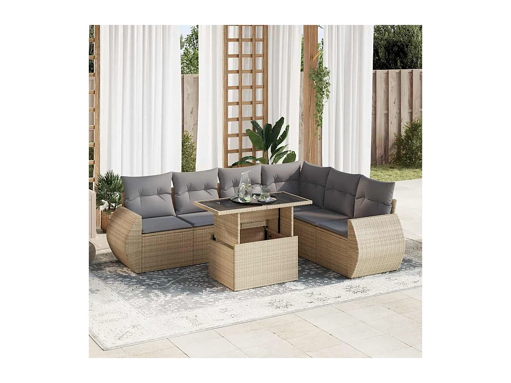 Salon de jardin avec coussins 7 pcs beige résine tressée