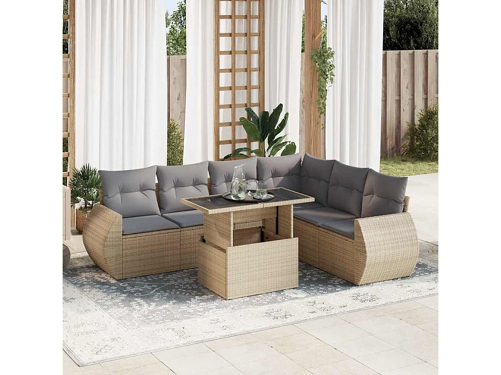 Salon de jardin avec coussins 7 pcs beige résine tressée
