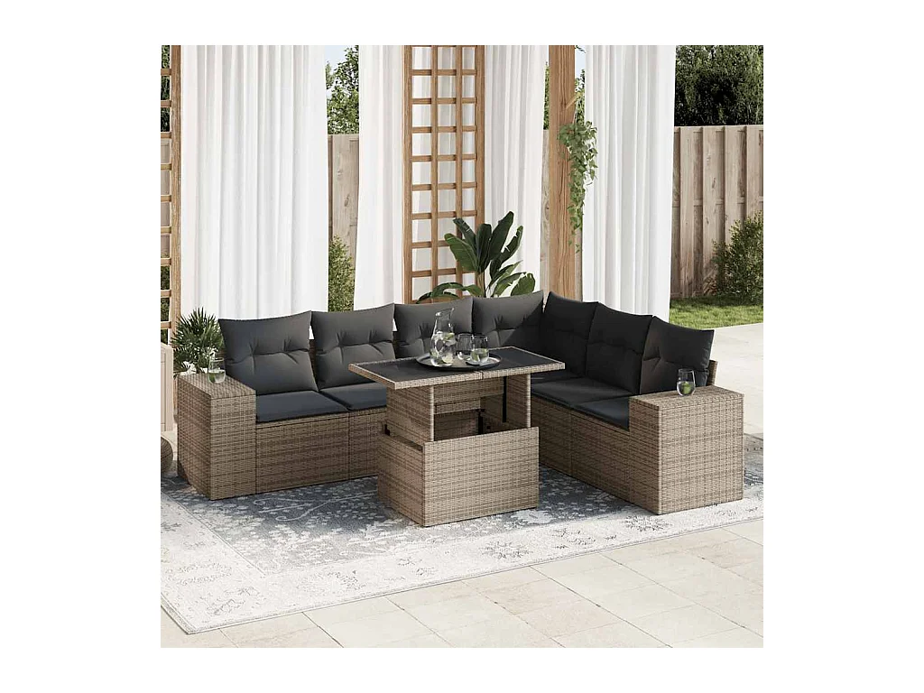 Salon de jardin avec coussins 7 pcs gris résine tressée