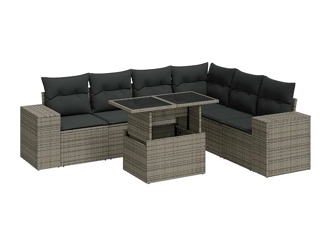 Salon de jardin avec coussins 7 pcs gris résine tressée
