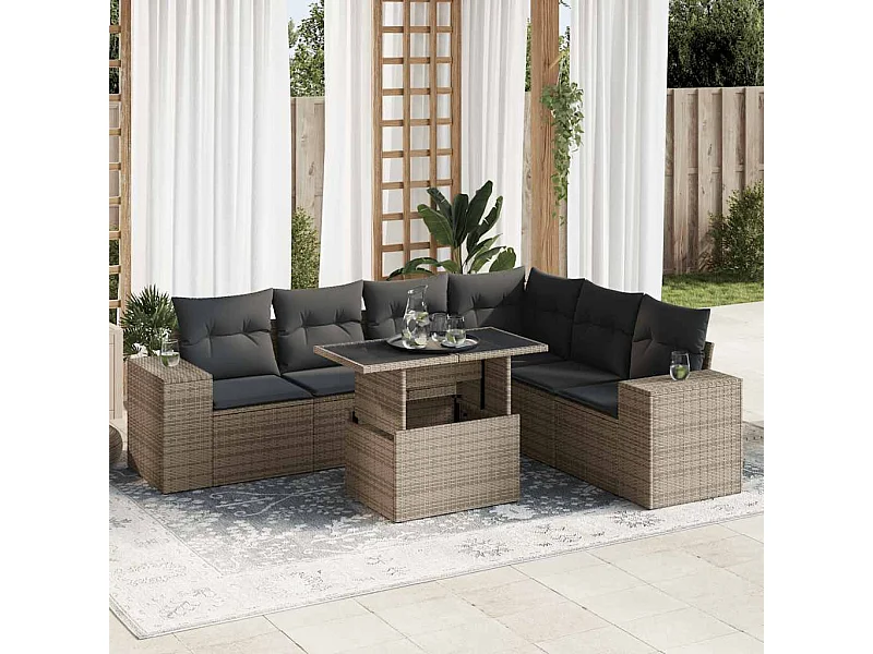 Salon de jardin avec coussins 7 pcs gris résine tressée